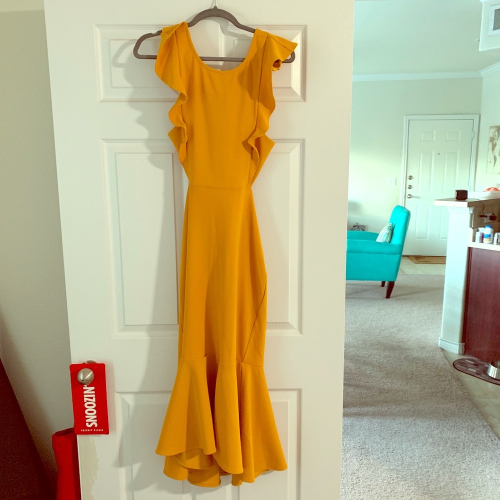 Jackie Wide Ruffle Hem Pinafore Midi Dress Mustard